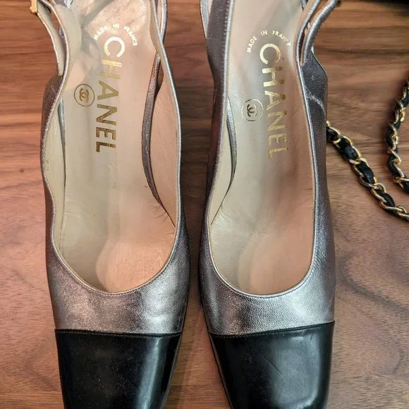 Vintage Chanel Silver Cap Toe Slingback Block Heel Pumps, Sz 36 - Picture 7 of 10